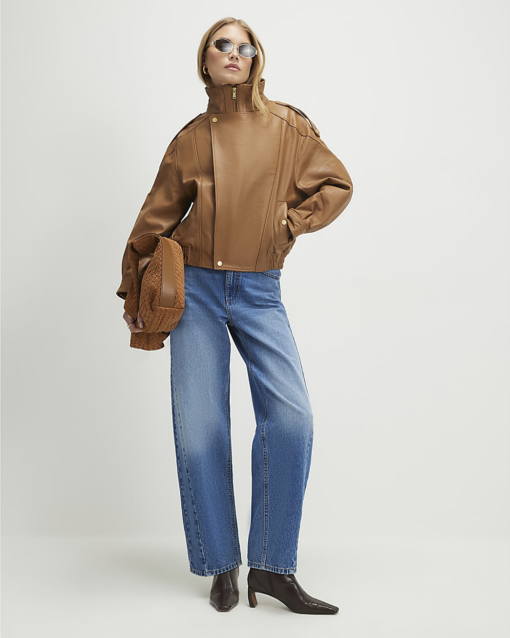 Brown Leather Funnel Bomber Jacket | River Island UK & IE