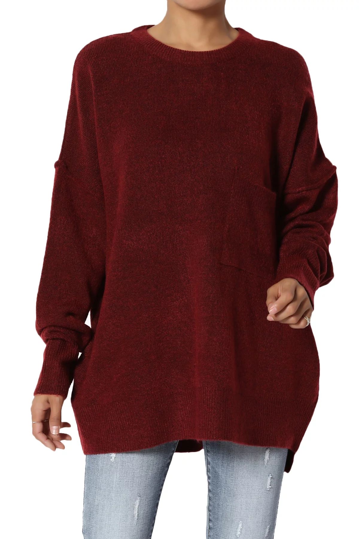 TheMogan Women's Xs~3X Loose Chest Pocket Long Sleeve Melange Knit Pullover Sweater - Walmart.com | Walmart (US)
