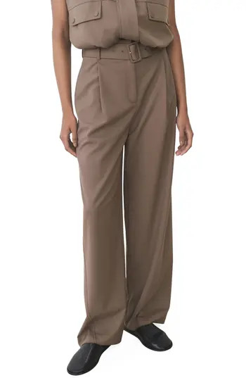 MANGO Oliana Belted Pleated High Waist Pants in Medium Brown at Nordstrom Rack, Size 0 | Nordstrom Rack