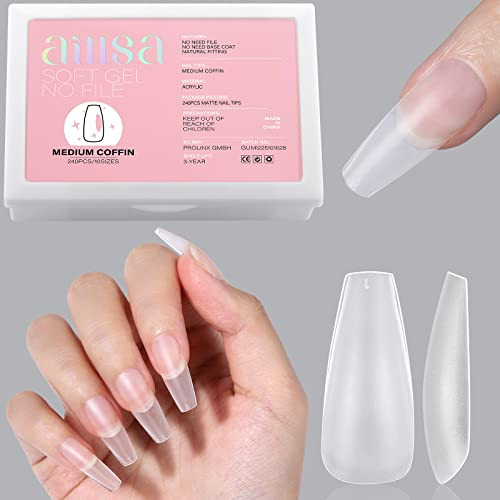 AILLSA Medium Coffin Nails Tips - Upgraded Matte Soft Full Cover Gel Nail Tips No Filed, 240Pcs Pre-shaped Gelly Tips Acrylic Clear Fake Press On Nail Tips for Soak Off Nail Extension 10 Sizes | Amazon (US)