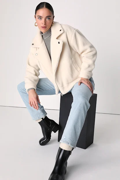 Wishing for Warmth Cream Shearling Moto Jacket | Lulus (US)