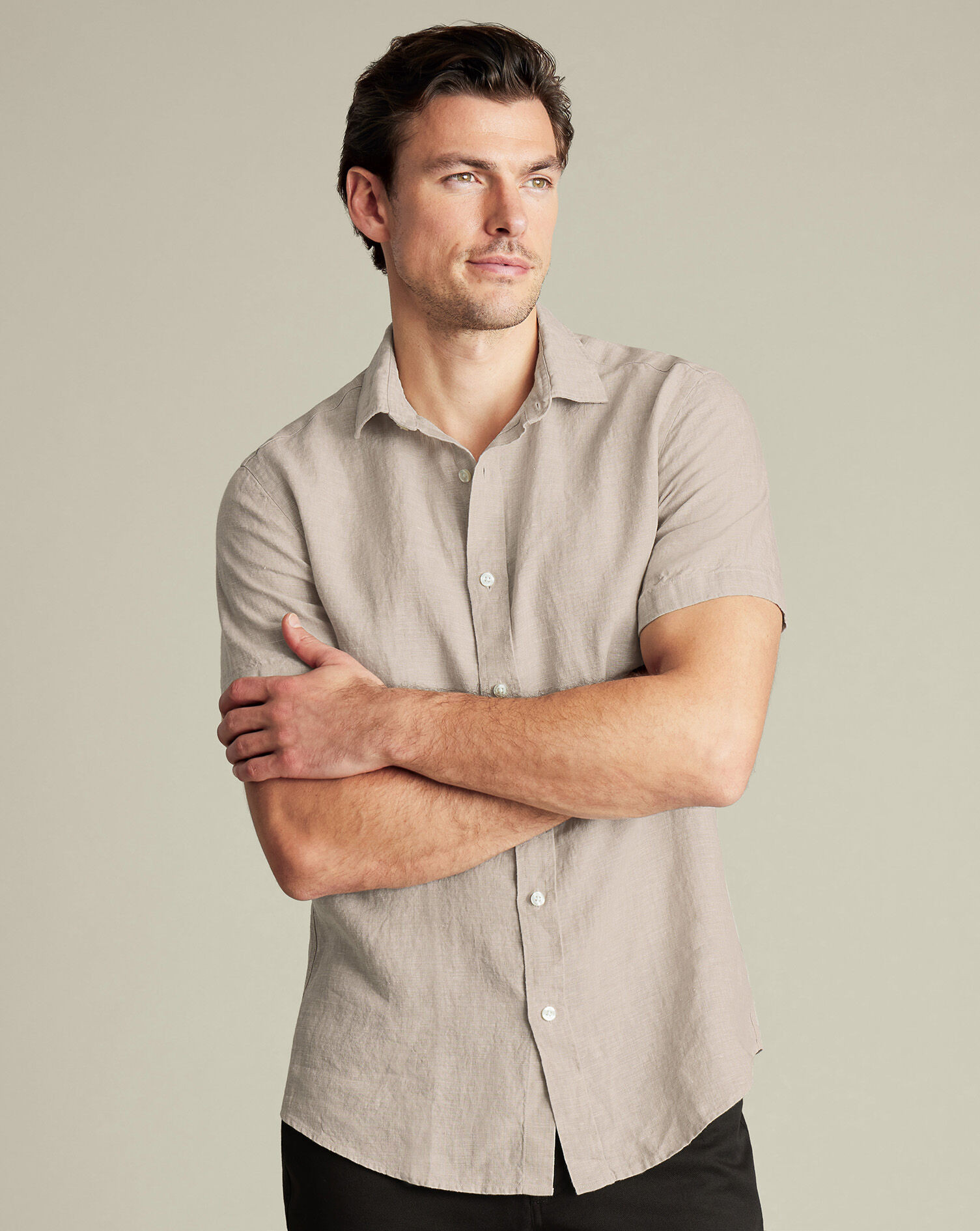 Pure Linen Short Sleeve Shirt - Oatmeal | Charles Tyrwhitt