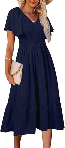 MEROKEETY Womens 2023 Summer Casual V Neck Ruffle Sleeve Smocked High Waist Midi Dress with Pocke... | Amazon (US)