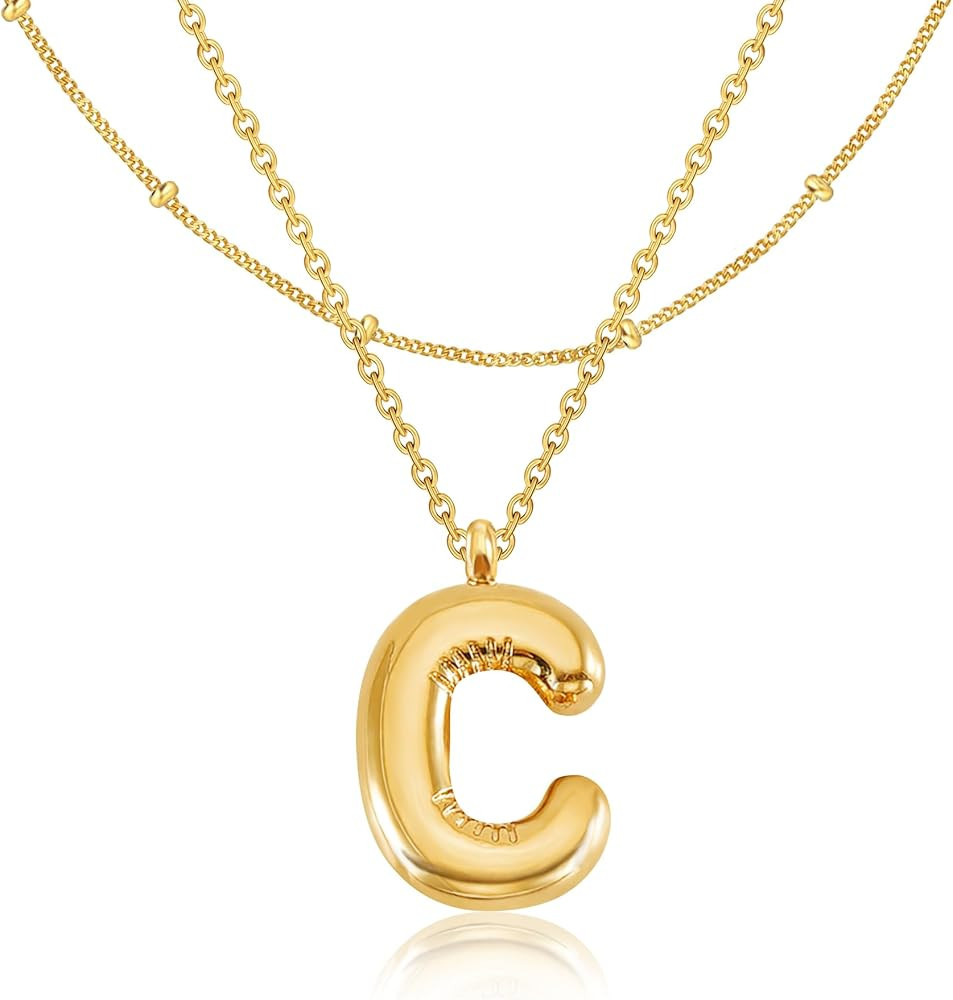 Amazon.com: GIFT4U Bubble Letter Necklace Gold - 18K Gold Plated Initial Necklace, Layered Gold N... | Amazon (US)