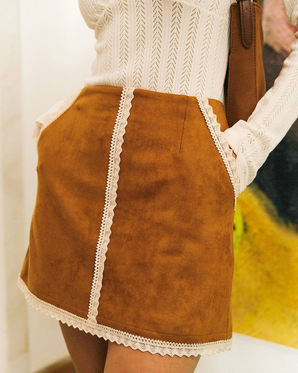 The Lace Trim Suede Skirt & Reviews - Khaki - Bottoms | RIHOAS | rihoas.com