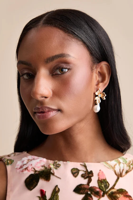 Tirana Gold Pearl Flower Drop Earrings | Lulus