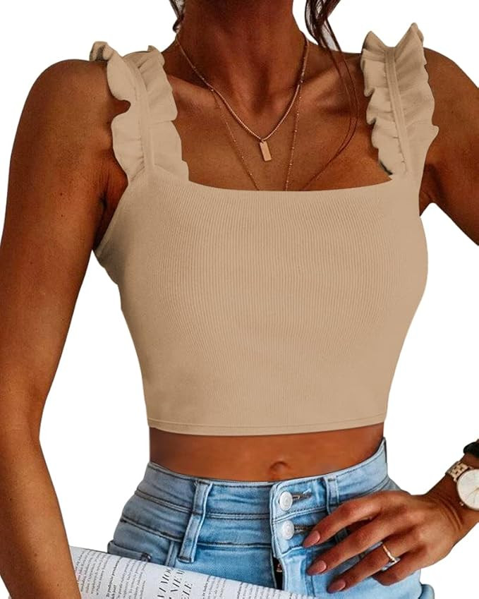 CLOZOZ Cute Crop Tops for Women Tank Tops Ribbed Ruffle Strap Square Neck Womens Trendy Going Out... | Amazon (US)