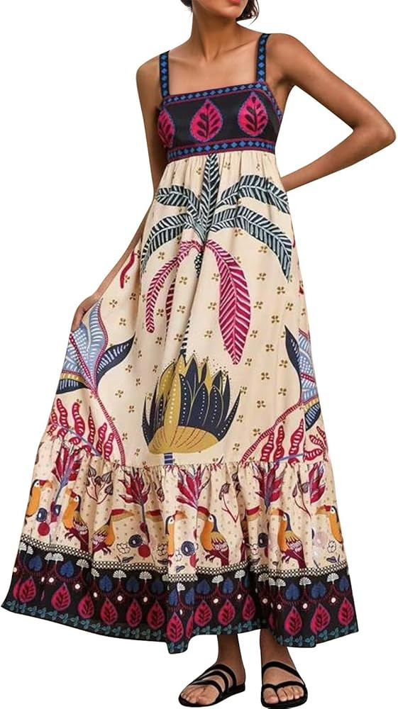 Floral Sundresses for Women 2025 Sleeveless Spaghetti Strap Flowy Swing Aline Beach Dress Boho Ho... | Amazon (US)
