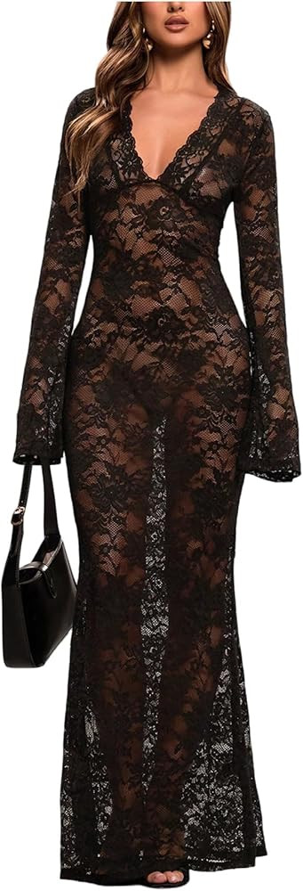 SHENHE Women's Black Floral Lace Mesh Maxi Dress Sheer Sexy Vintage Long Sleeve Bodycon Dresses | Amazon (US)