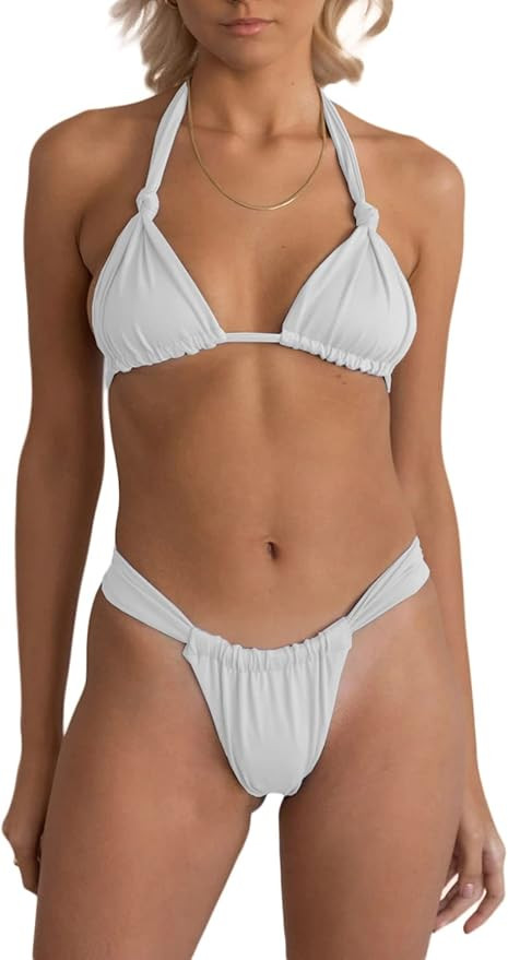 Women Two Piece Swimsuits Halter Triangle String Bikini Sets Sexy Ruched Brazilian Cheeky Thong B... | Amazon (US)