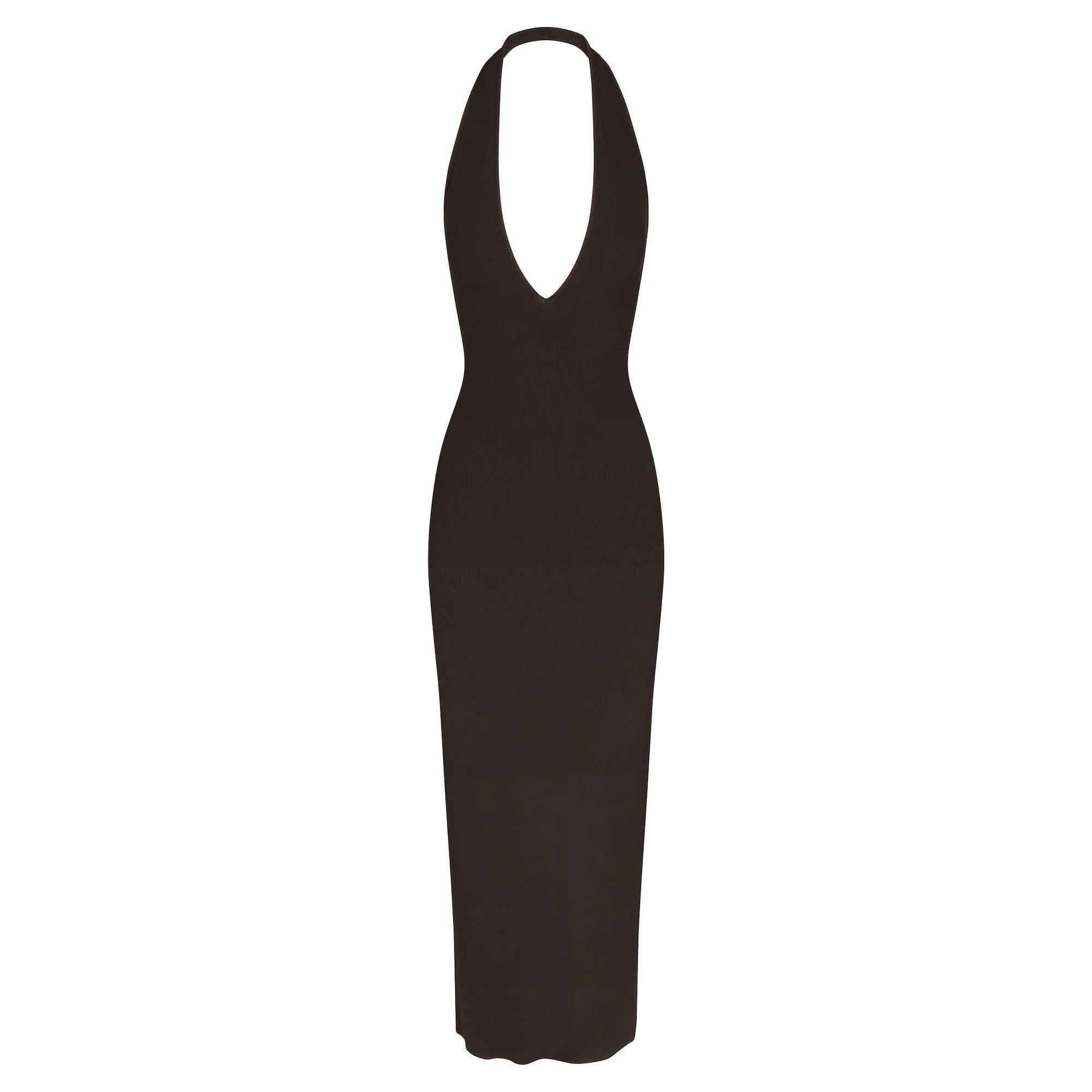 SOFT LOUNGE DEEP PLUNGE HALTER LONG DRESS | ONYX | SKIMS (US)