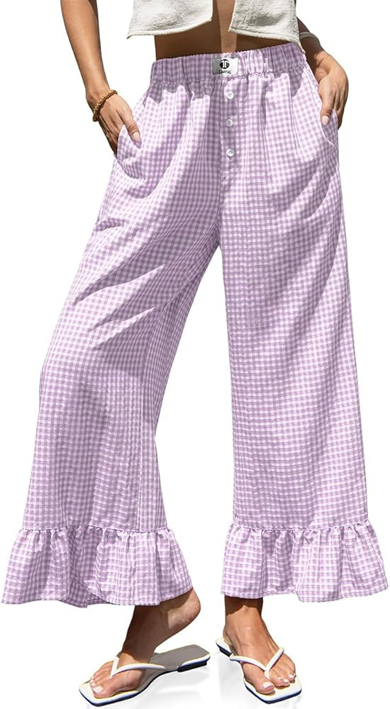 TARSE Women’s Plaid Wide Leg Pants Flared Leg Baggy Drawstring Ruffle Palazzo Pants with Pocket... | Amazon (US)