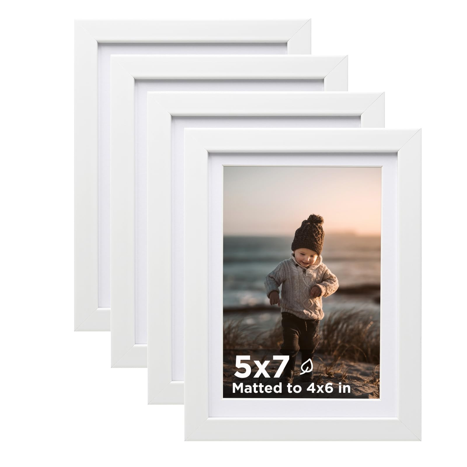 KINLINK 5x7 Picture Frame White Set of 4, Wooden Photo Frames Matted 4x6 with Plexiglass for 4x6 with Mat or 5x7 without Mat for Table and Wall Display | Amazon (US)