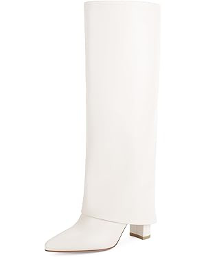Modatope Knee High Boots Women Fold Over Knee High Boots Chunky High Heels Long Boots Zipper Poin... | Amazon (US)