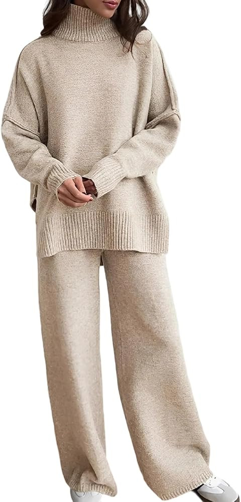 SHINFY Women's 2 Piece Outfit Fall Sweater Lounge Sets Mock Neck Knit Tops Wide Leg Pant Sweatsui... | Amazon (US)