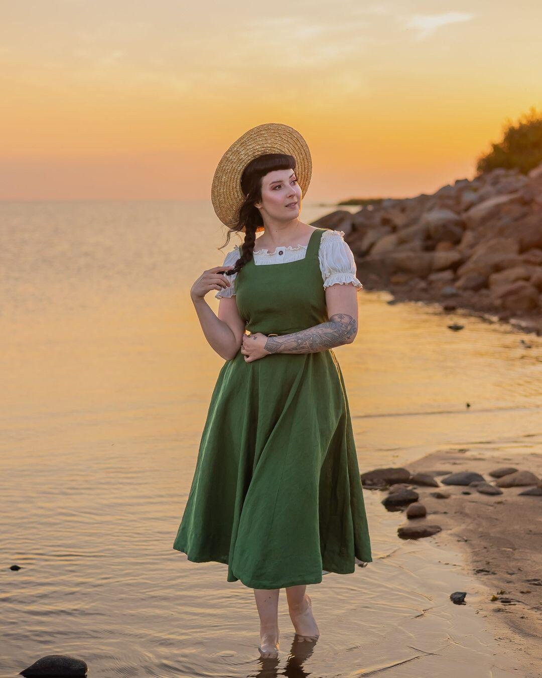 GREEN PINAFORE DRESS Long Linen Dress, Summer Clothing, Sleeveless Boho Robe, Linen Clothing, Lin... | Etsy (US)