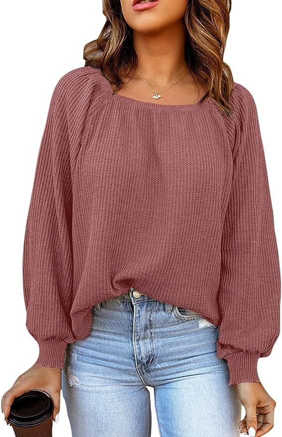 Astylish Womens Square Neck Tops Casual Waffle Knit Lantern Long Sleeve Shirts Pullover Blouse | Amazon (US)