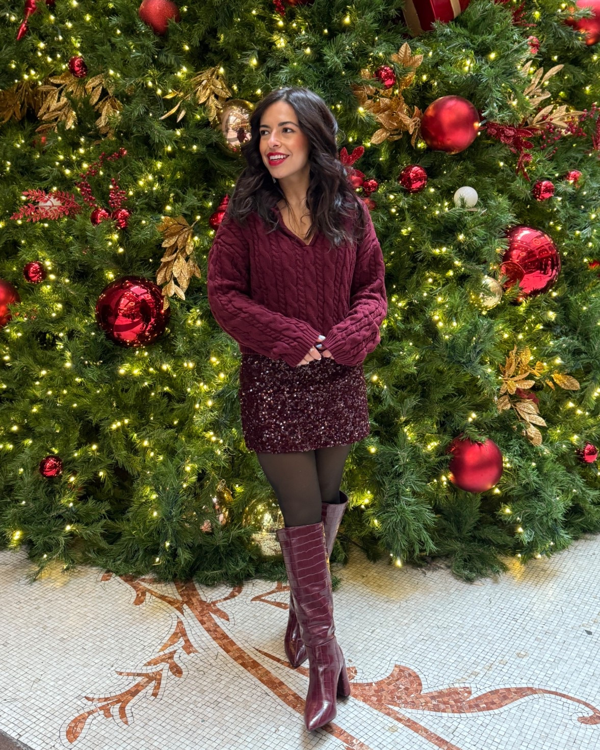 Petite holiday outfit idea. Sequin mini skirt and sweater both in shades of burgundy. Croco knee high boots with chunky heel from Lulus. 

#LTKHoliday #LTKPetite #LTKFindsUnder100