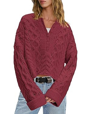 LAMISSCHE Cable Knit Sweater Women Cropped Sweaters Oversized Fall Sweaters Long Sleeve Half Butt... | Amazon (US)