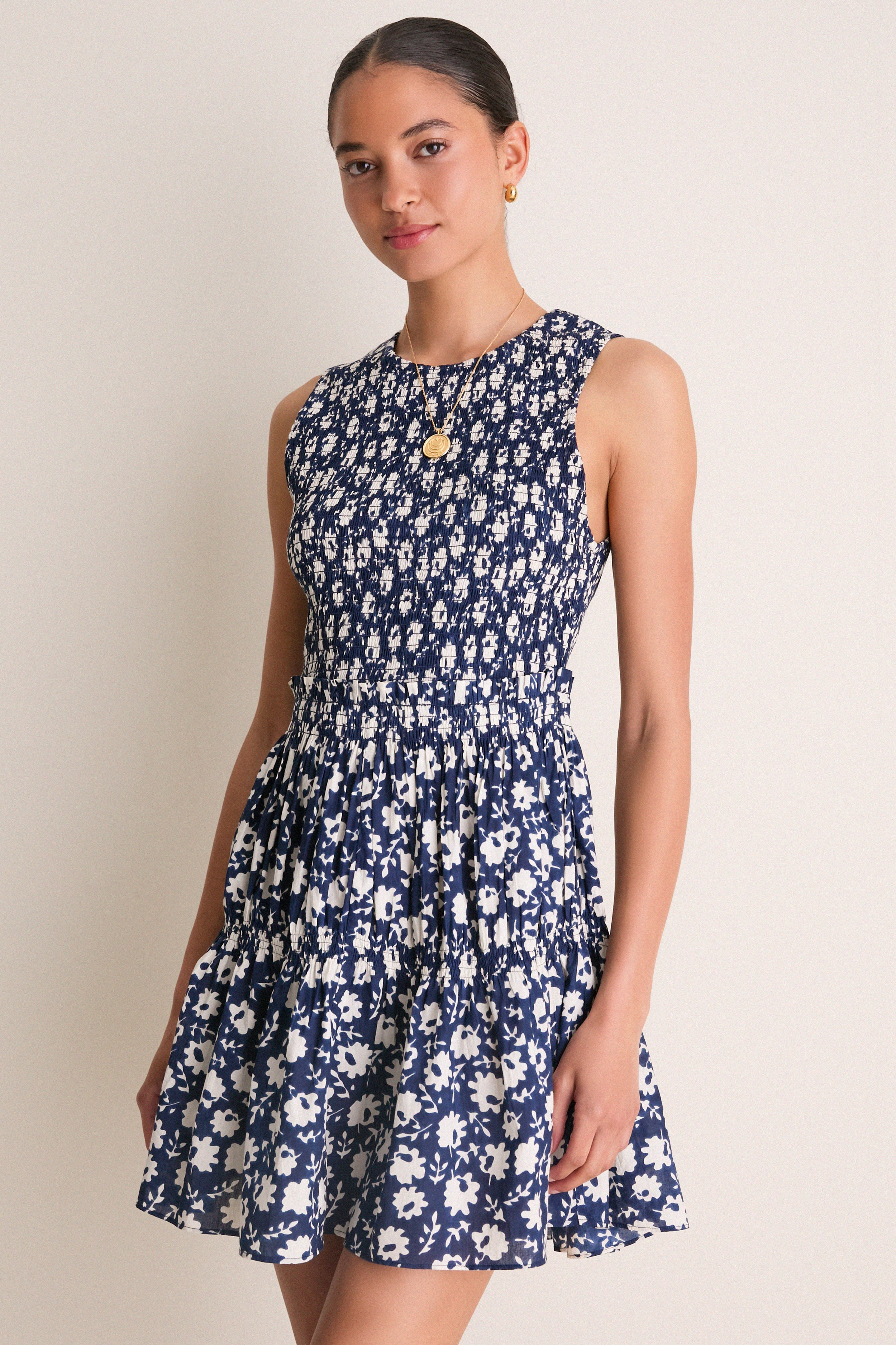 Navy Floral Stamp Lore Smocked Mini Dress | Tuckernuck (US)