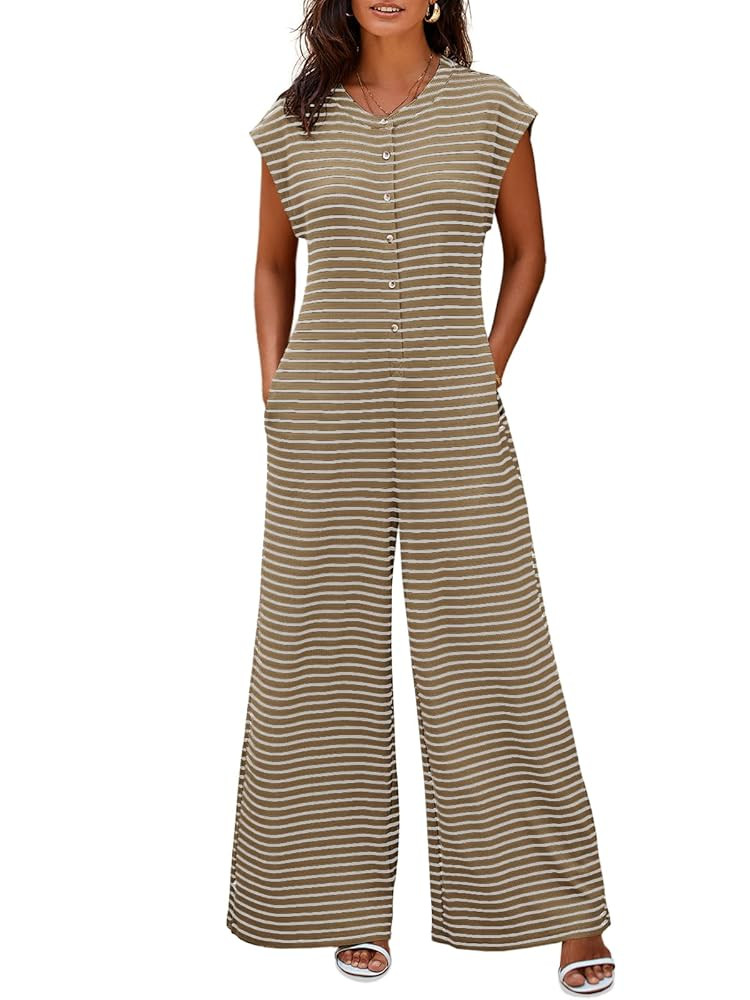 Cicy Bell Womens Casual Striped Jumpsuits Summer Cap Sleeve Wide Leg Jumper Romper Button Down Tr... | Amazon (US)