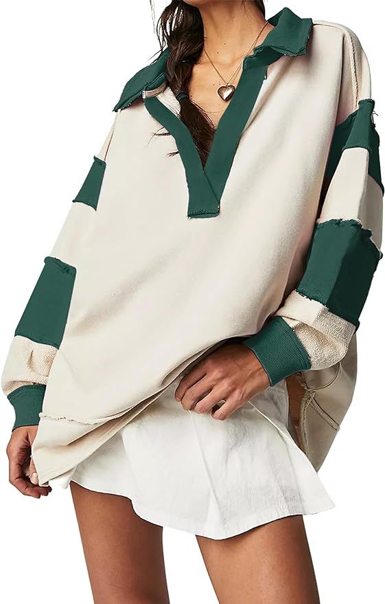 SAFRISIOR Women Oversized Color Block Sweatshirt Long Sleeve V Neck Lapel Collared Polo Shirts Pu... | Amazon (US)