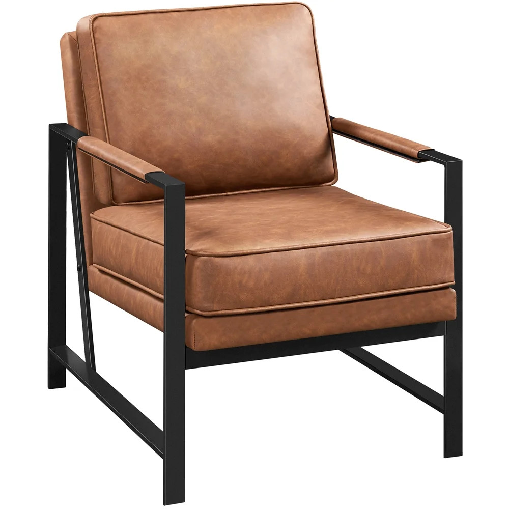 Topeakmart Upholstered Faux Leather Lounge Chair Accent Chair with Metal Arms, Light Brown | Walmart (US)