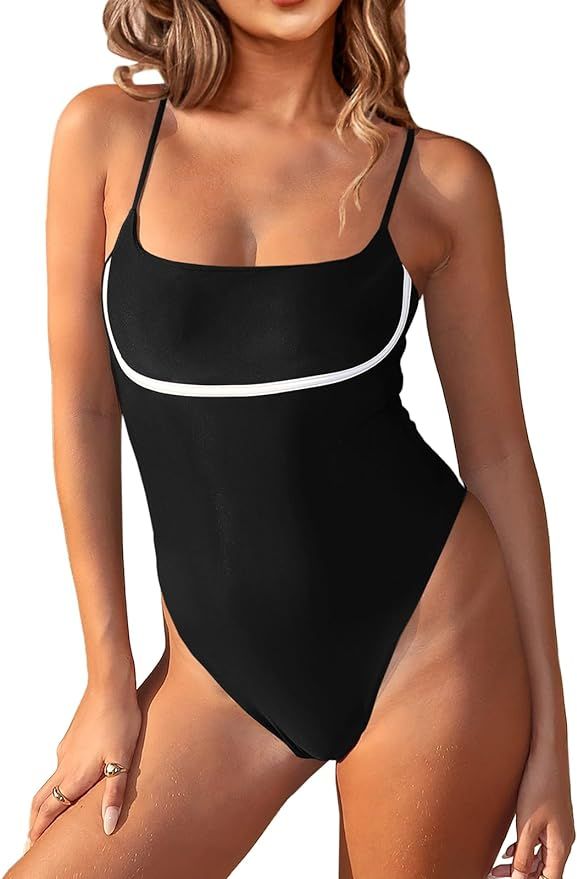 Saodimallsu Womens Sexy One Piece Bathing Suit Tummy Control Slimming High Cut Color Block Square... | Amazon (US)