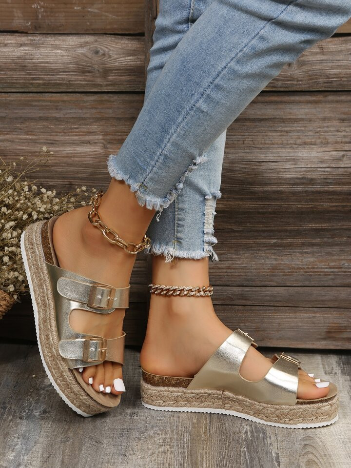 Vacation Champagne Sandals For Women, Metallic Buckle Decor Espadrille Flatform Footbed Sandals | SHEIN