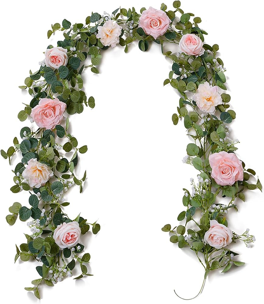 Anna's Whimsy 5.91FT Artificial Eucalyptus Garland with Flowers, Fake Rose Gypsophila Garland, Fa... | Amazon (US)