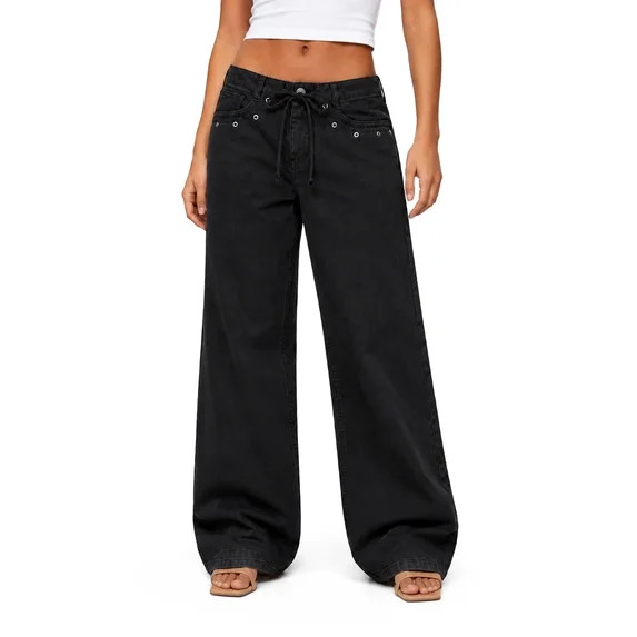 No Boundaries Drawstring Grommet Wide Leg Jean, 32" Inseam, Women's | Walmart (US)