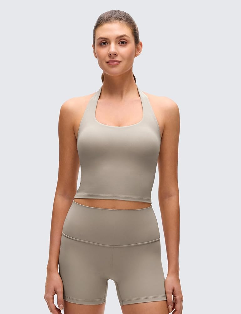 CRZ YOGA Butterluxe Halter Crop Tank Tops for Women - Open Back Padded Longline Sports Bras Worko... | Amazon (US)