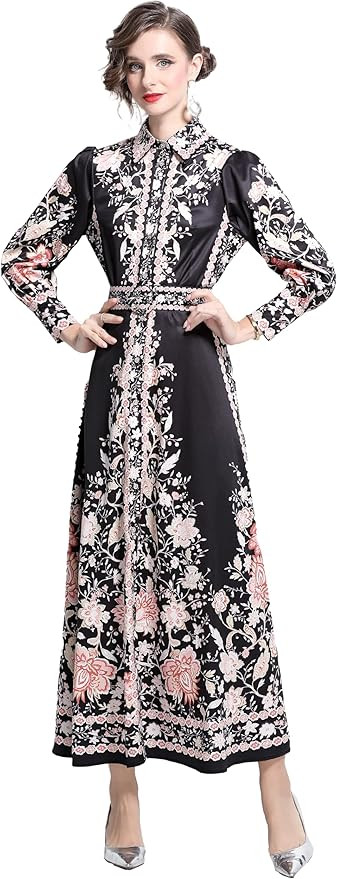 LAI MENG FIVE CATS Women's Vintage Floral Print Belt Maxi Dress Flowy Casual Button Up Split Long... | Amazon (US)