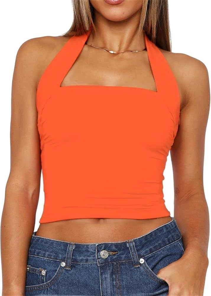ForeFair Women Halter Neck Backless Crop Top Sexy Y2K Sleeveless Tank Top Open Back Slim Fit Tops | Amazon (US)
