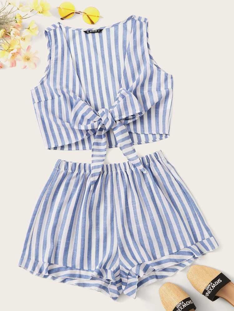 Striped Deep V-neck Tie Front Top & Ruffle Shorts Set | SHEIN