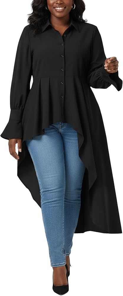 Umenlele Women’s Button Down Long Sleeve Asymmetric Ruffle High Low Hem Blouse Shirt Top | Amazon (US)
