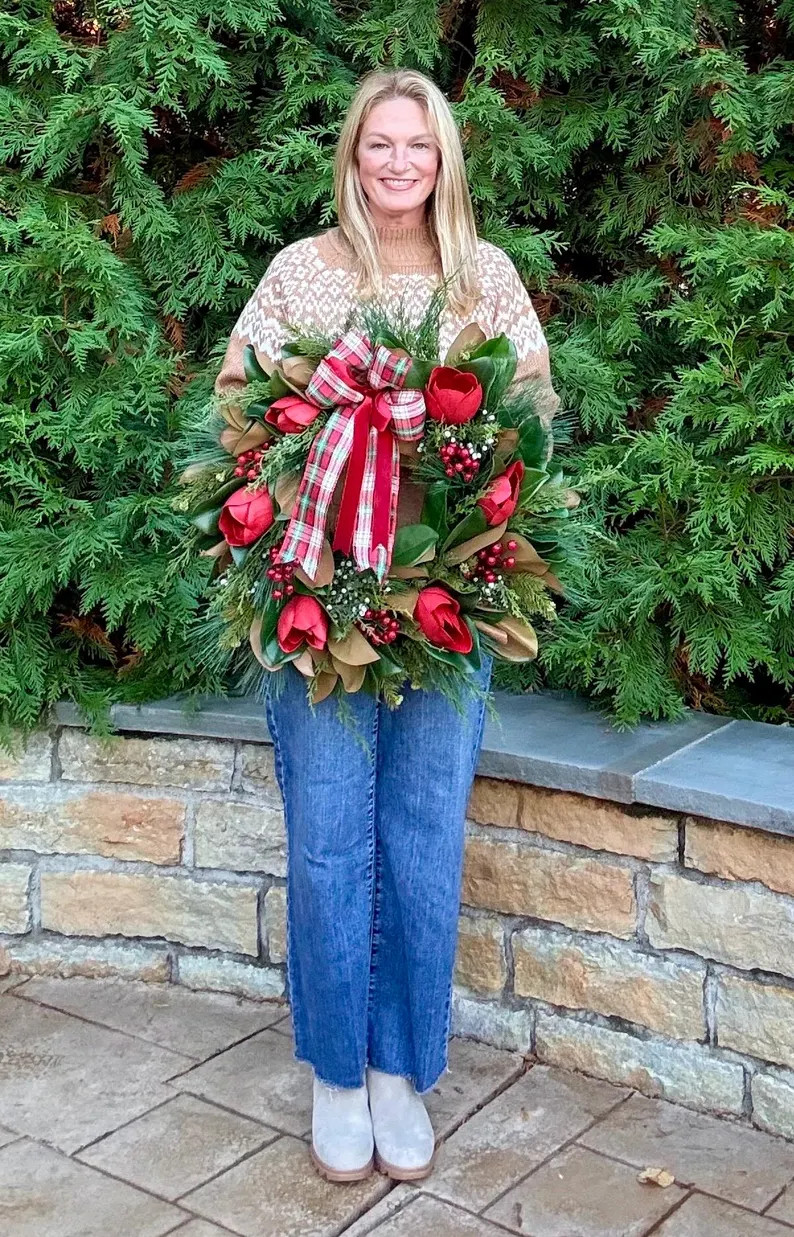 Traditional Christmas Wreath, Faux Magnolia Juniper Cedar Wreath W/plaid & Velvet Ribbon Red Berr... | Etsy (US)