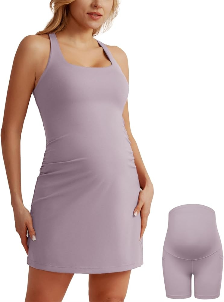 Maacie Maternity Tennis Dress with Shorts and Built in Bra Scoop Neck Sleeveless A-line Workout G... | Amazon (US)