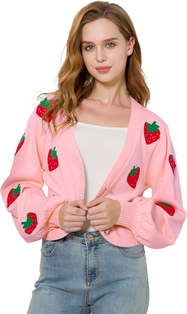 Women's V-Neck Knit Floral Pattern Cardigan Strawberries Embroidery Lantern Long Sleevee Cropped ... | Amazon (US)