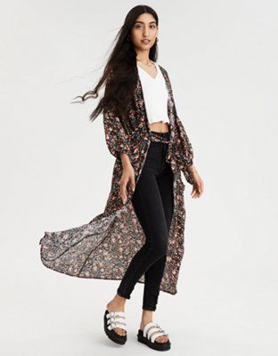 AE Printed Long Sleeve Kimono Top | American Eagle Outfitters (US & CA)