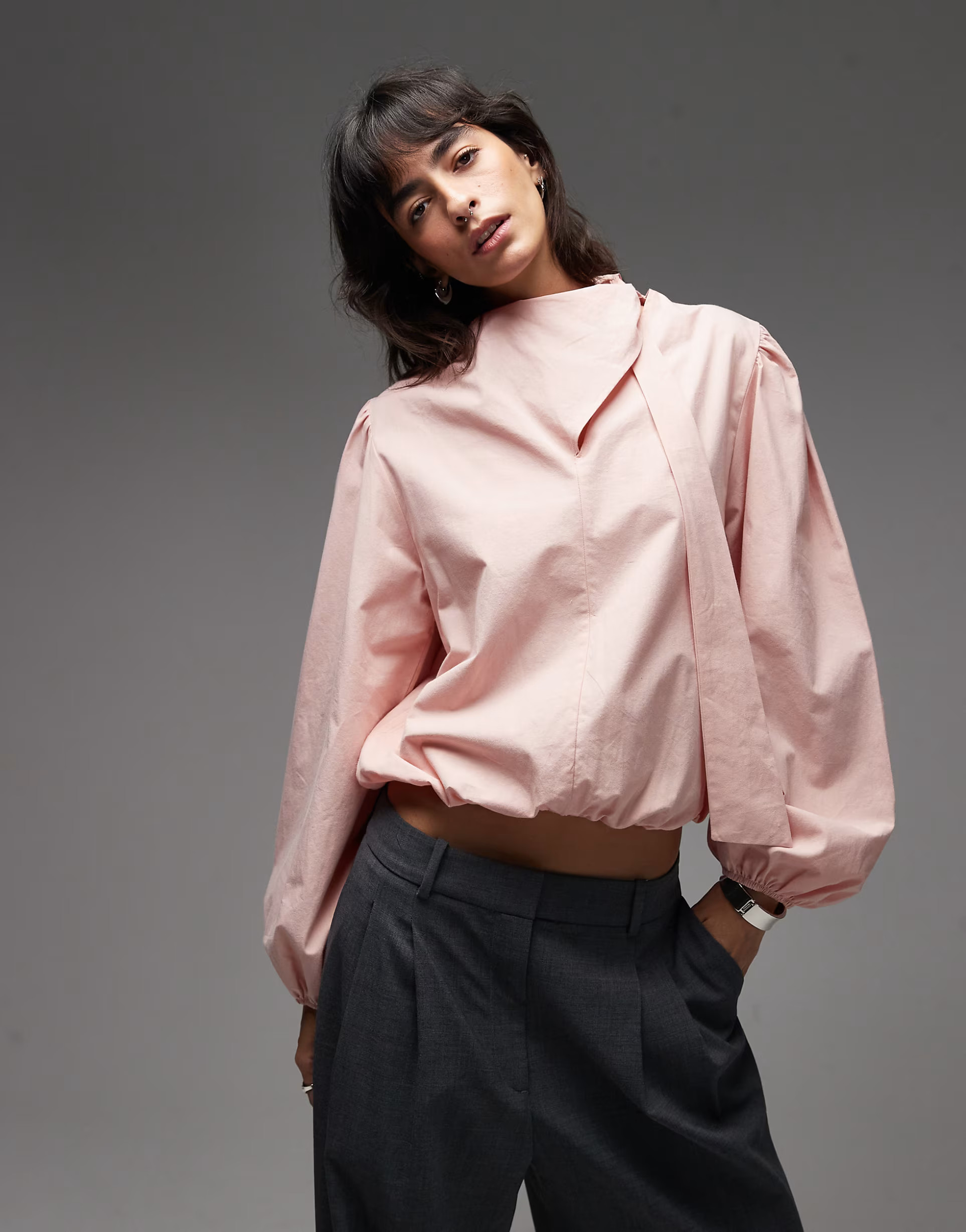 ASOS DESIGN poplin tie neck blouse in light pink | ASOS (Global)