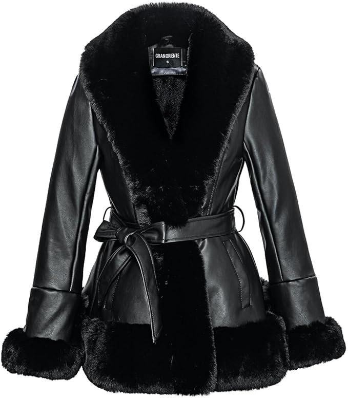 GRAN ORIENTE Women's Faux Leather Jacket with Faux Fur Collar, Winter Long Sleeve Furry Trim Pepl... | Amazon (US)