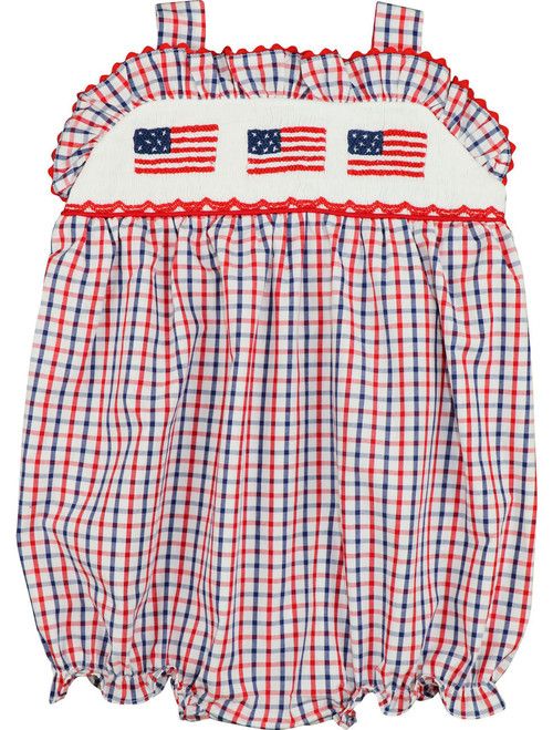 Navy And Red Windowpane Smocked Flags Bubble | Cecil and Lou