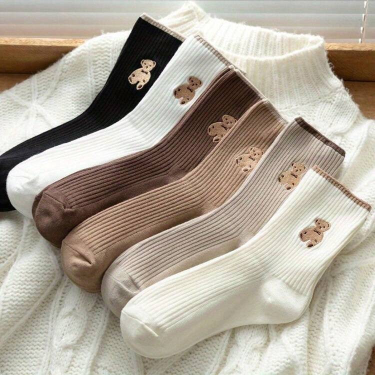 5-Piece Cute Teddy Bear Embroidered Socks For Both Men And Women - Soft Ribbed Knit, Multiple Colors, Suitable For Wearing All Seasons Lightweight And Soft | SHEIN