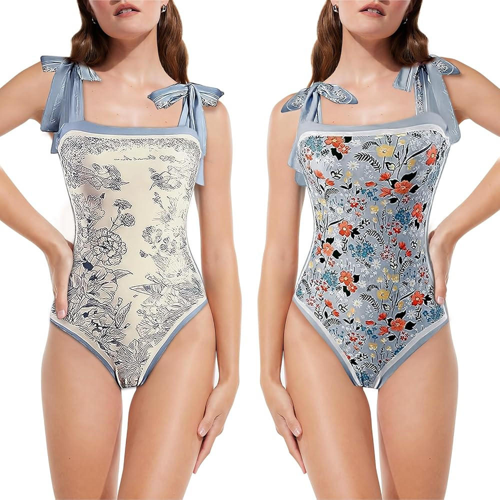 Women Floral One Piece Swimsuits, Reversible Tie Shoulder Monokini, Tummy Control Bathing Suits, ... | Amazon (US)