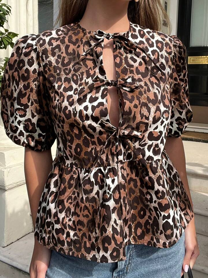 SHEIN Essnce Leopard Print Bowknot Lace-Up Women's Shirt 2024, Loose Solid Color Puff Sleeve Plea... | SHEIN