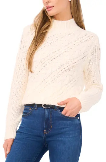 Halogen® Diagonal Cable Mock Neck Sweater in New Ivory at Nordstrom Rack, Size Large P | Nordstrom Rack