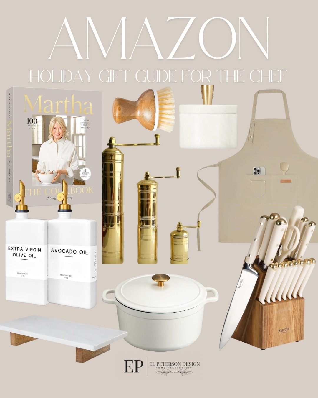 Amazon gift guide for the chef 
Cookbook
Knife set
Oil and vinegar dispenser
Dutch oven
Apron
Salt and pepper grinder
Pedestal 
Salt container 

#LTKGiftGuide #LTKFindsUnder100 #LTKFindsUnder50