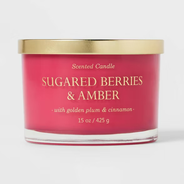 15oz Lidded Glass Jar Solid Pink 3-Wick Sugared Berries and Amber Candle - Opalhouse™ | Target