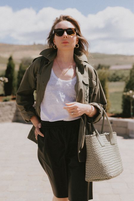 My favorite transitional piece: this utility jacket by Zadig $ Voltaire (A similar looking style by Madewell is on sale right now) that goes so well with everything. Wearing it with leather Bermuda shorts (& Other stories) and white tank top. Accessories: golden hoops + Bottega Veneta Cabat bag. 

#LTKSeasonal #LTKSaleAlert #LTKFindsUnder100
